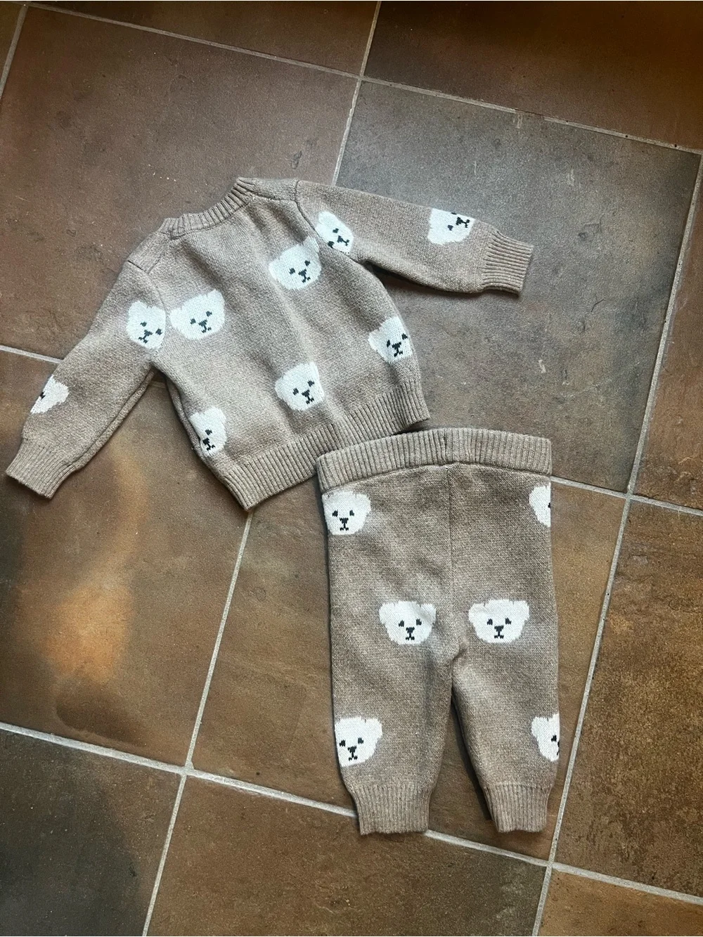 Janie and Jack Brown Knit Cardigan and pant set with Cream Bear Accents